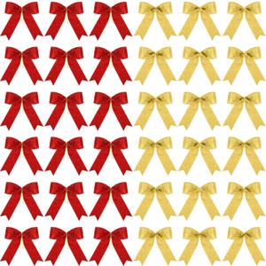 Sumind 36 Pieces Red Gold Christmas Tree Glitter Bows, 5 x 4 Inch Tie Ribbon Twist Tie Bows for Treat Bags Gift Wrapping Basket Wedding Birthday Valentine Christmas Tree Wreath Garland Decoration