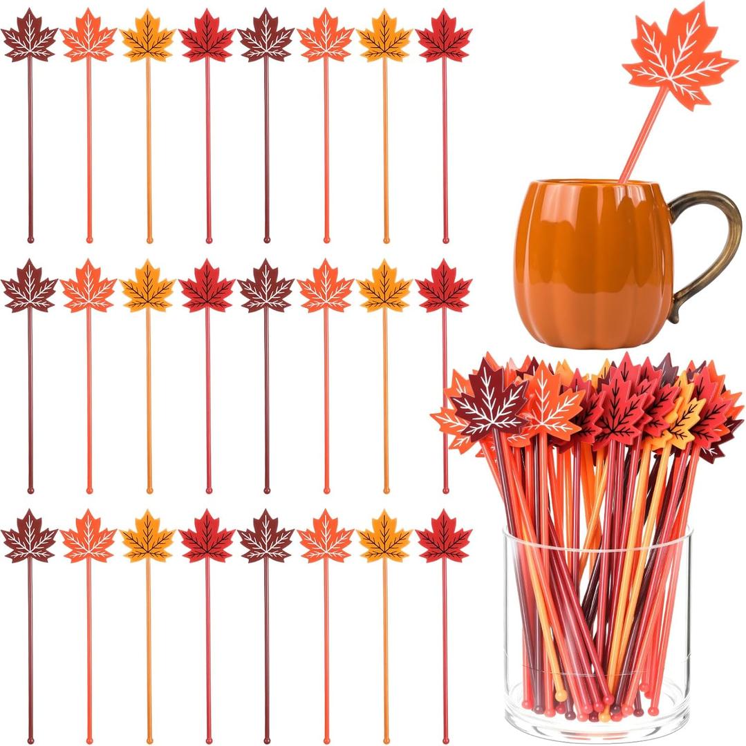 Bokon 50 Pcs Coffee Stirrers Maple Leaf Swizzle Sticks Plastic Cocktail Swizzle Stick 7.5 Inch Reusable Coffee Stirrer Stir Sticks for Thanksgiving Tea Party Bar Christmas Wedding Decoration