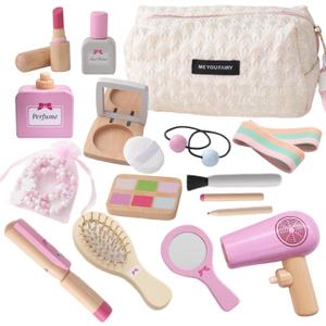 Wooden Makeup Toy Set for Toddler,Kids Pretend Play,Children Role Play Toys,Fake Cosmetics Salon Toys,Princess Dressup Accessories with Bag Birthday Gift for Girls 3 4 5 6