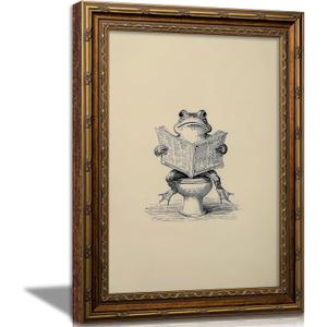 Vintage Gold Framed Funny Animal Bathroom Wall Art, Frog on the Toilet Reading Newspaper Wall Decor, Black White sketch Painting Canvas Prints, Interesting Minimalism Artwork for Bathroom Home Decor