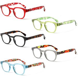 Kerecsen Reading Glasses 5 Pack Unisex Fashion Spring Hinge with Pattern Design Readers (5 Pack Mix Color-2)