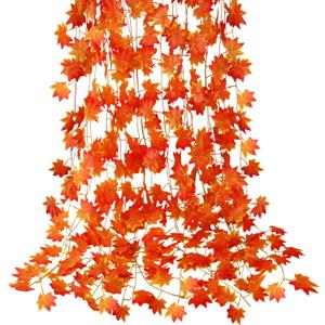 CQURE 12 Pack Fall Leaf Garland, Hanging Vines Garland Artificial Fall Maple Leaves Thanksgiving Decor for Home Wedding Fireplace Party (Orange)