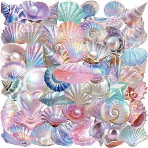 50pcs Fantasy Seashell Stickers Pack Clear Ocean Shell Pearl Scrapbook Stickers for Journaling, Planner, Laptop, Water Bottle Decoration