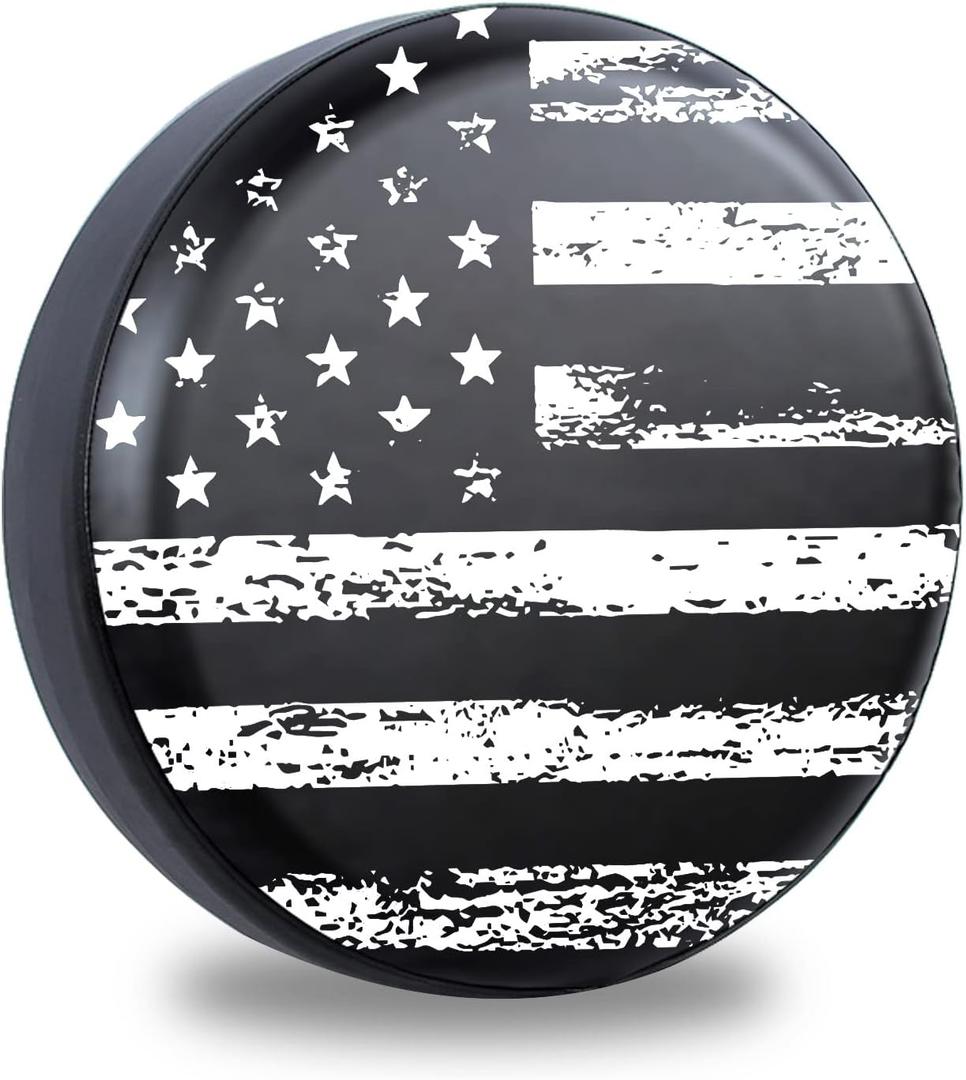 Black White Vintage American Flag Spare Tire Cover Protectors Weatherproof Dust-Proof for Fit for Jeep Wrangler RV, SUV, Truck Travel Trailer,Waterproof Tires 14" 15" 16" 17" 18'' (17" for Diameter 31.5"-32.5"/80-82.55cm)