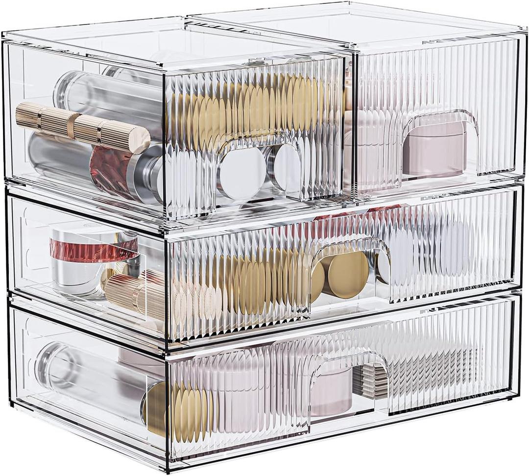 ZHIAI Stackable Storage Box, Acrylic Organizer, Cosmetic Organizer for Cosmetics and Beauty Products for Dressers, Bathrooms, Cabinets, Bedrooms and Home Organization 4 Piece Set (2long 2 Short)