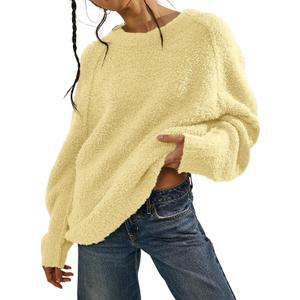 Beaully Women's Oversized Long Sleeve Crewneck Fuzzy Knit Warm Sweaters 2025 Fall Pullover Sweater Tops (Medium, Light Yellow)