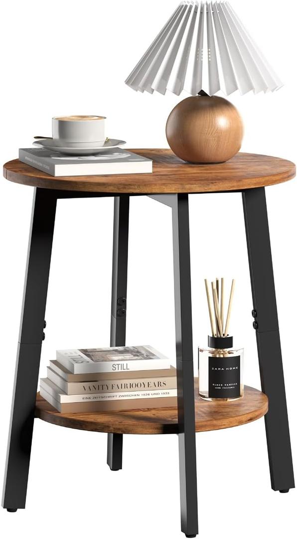 Side Table, Small Round End Table with Storage Shelf for Small Space, 2-Tier Bedside Table Sofa Couch Table, Round Accent Table Nighstands for Living Room, Bedroom, Rustic Brown