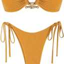 ZAFUL Metal Ring Bandeau Bikini Set Tie Side Bathing Suit High Cut 2 Piece Swimsuit Cutout Swimwear (Small, Shiny Gold Yellow)