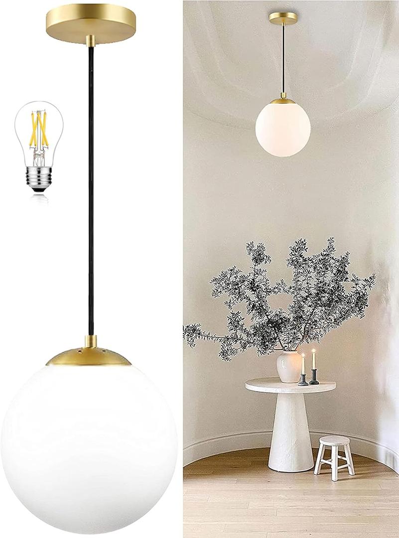 KoKo&Yukina 8 Inch Gold Modern Globe Pendant Light White Glass with Brass Finish Contemporary Mid Century Adjustable Hanging Light Fixture for Living Room Bedroom Bathroom Kitchen (Bulb Incl.)