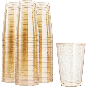 N9R 100PCS 12oz Gold Plastic Cups, Gold Glitter Disposable, Elegant Wedding and Party Cups