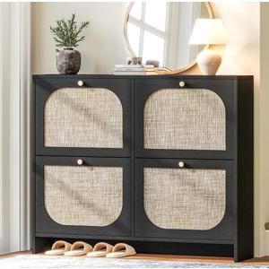 Nicetree Shoe Cabinet Storage for Entryway, Narrow Shoe Organizers with 4 Flip Drawers, Freestanding Large Shoe Rack with 3-Tier Adjustable Shelves for Hallway Entryway Foyer Black