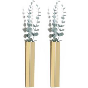 Pretty Jolly Wall Decor Eucalyptus Metal Planter Modern Boho Home Vase,Artificial Flowers Indoor Wall Sculpture for Living Room, Bedroom Greenery Set of 2 Gold