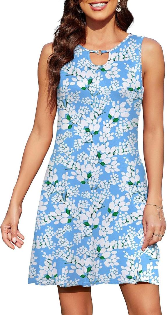 Women's Casual Summer Sleeveless Dresses Beach Boho Sundress Dress with Pockets (Blue, S)