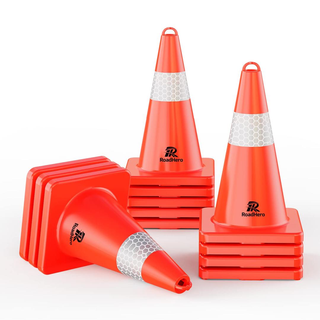 RoadHero Traffic Cones 18 Inch, 12 Pack Safety Cones with Handle, Orange Cones with Reflective Collar, Cones for Parking Lot, Sport and Driving Training, Road Safety, Construction Events