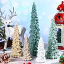 5 Pcs Sage Green Christmas Tree Figurines 11''/ 8.6''/ 7''/4.7'' Glittered Christmas Trees Resin Stone Xmas Holiday Figurines Xmas Desk Decor Centerpieces for Tabletop Decorations