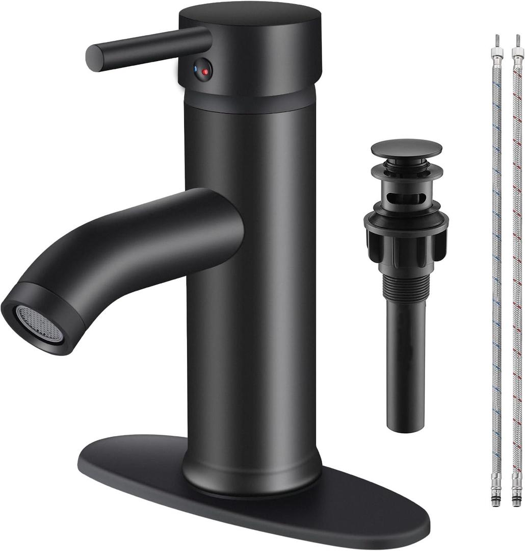 Matte Black Bathroom Faucet Single Handle Bathroom Sink Faucet with Pop-Up Drain Vessel Sink Faucet Modern RV Lavatory Faucet for 1 or 3 Hole Vanity Countertop Installation