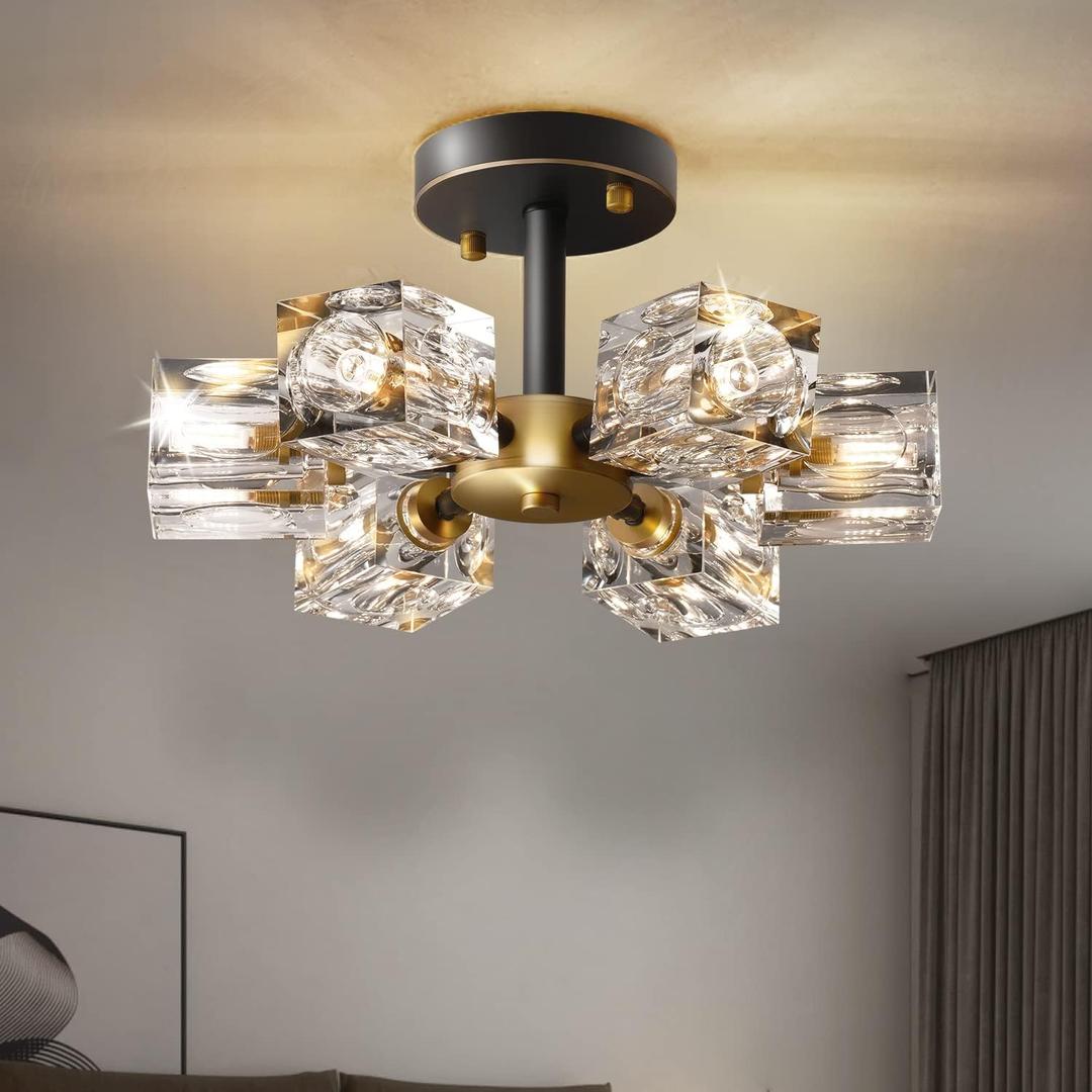 Semi Flush Mount Ceiling Light,13inch Modern Black and Gold Crystal Chandeliers,6-Lights Industrial Sputnik Chandeliers for Bedroom,Kitchen,Hallway,brthroom,entryway,Dining Room