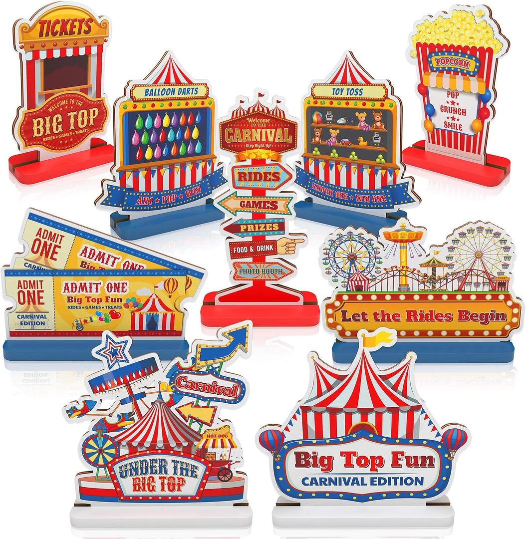 9pcs Carnival Circus Wooden Table Centerpieces Toppers Signs for Tables, Circus Carnival Theme Party Decorations for Birthday Baby Shower Party Favors Supplies