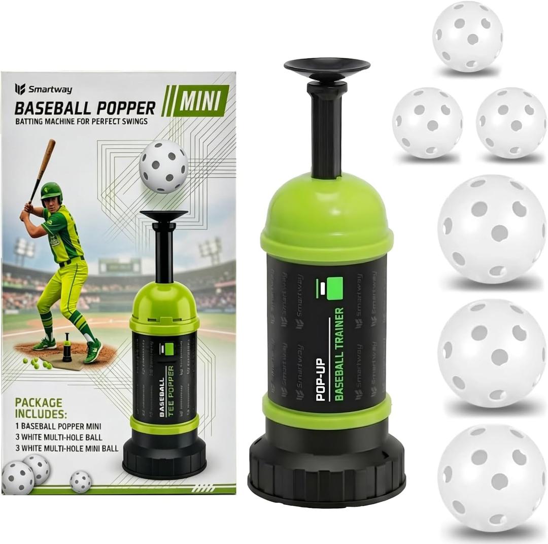 Smartway Pop-Up Baseball Trainer & Mini Baseball Popper Batting Machine for Perfect Swings, Hitting Practice Equipment Without a Pitcher (6 Balls Included)