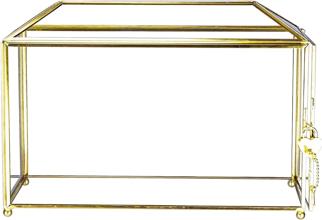 HighFree Glass Wedding Card Box with Lock, Gold Clear Card Box, Decorative Gift Card Box for Baby Shower, Birthday Party, Bridal Shower (Clear, Medium)