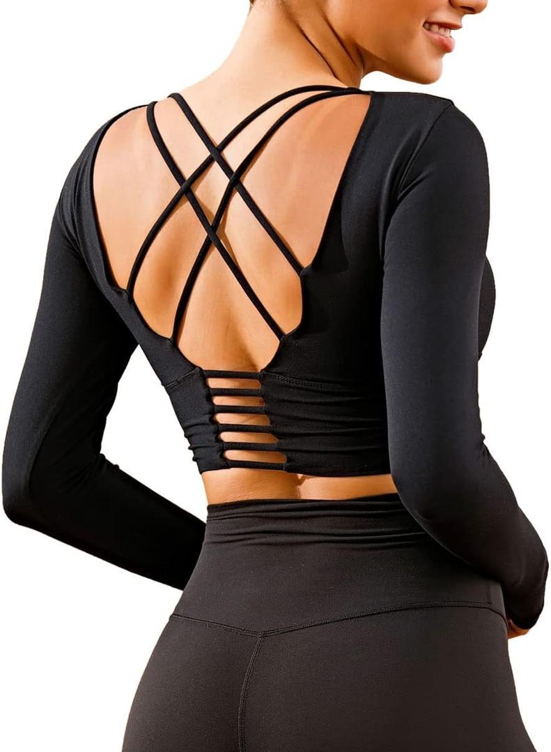 ECUPPER Women Long Sleeve Workout Tops Backless Yoga Gym Shirts Athletic Crop Top with Built in Bra for Fitness Sports (Black)