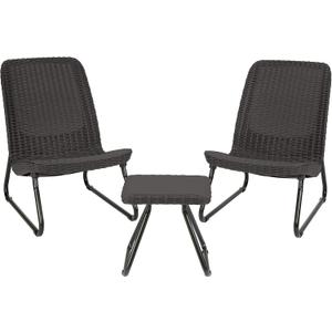 Keter Rio 3 Piece Resin Wicker Patio Furniture Set with Side Table and Outdoor Chairs for Front Porch and Backyard Decor, Dark Grey
