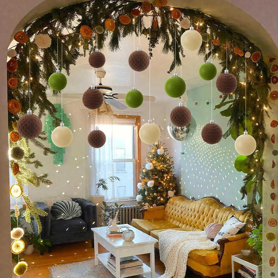 16 Pcs Christmas Ceiling Hanging Decorations Large Christmas Ball Ornaments Flocked Velvet Balls, Brown Beige Green Neutral 2.4 Inches Shatterproof DIY with Hook and Fishing Line for Wall Tree Garland