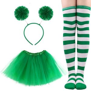 BAOPLAYKIDS 3 Piece Tulle Tutu Costume Set Green and White Striped Socks Knee High, 3 Layered Tulle Tutu Skirt Green, Pom Pom Headband, St Patricks Day Accessories for Women (Adult)