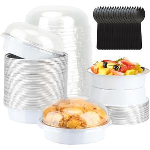 LNYZQUS 4 Small Cake Tins with Lids 50 Pack, Foil Mini Cake Pans,8oz Disposable Ramekins Creme Brulee Baking Cups Individual Mini Pie Contaniers Holders for Wedding Party-White