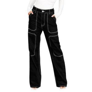 Women's High Waisted Baggy Jeans Stretch Washed Stitching Cargo Straight Denim Pants 36