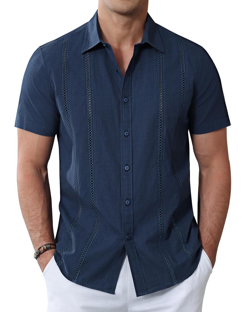 Alimens & Gentle Men's Cuban Guayabera Shirts Cotton Linen Short Sleeve Button Down Shirts Casual Summer Beach Camp Shirt 2XL
