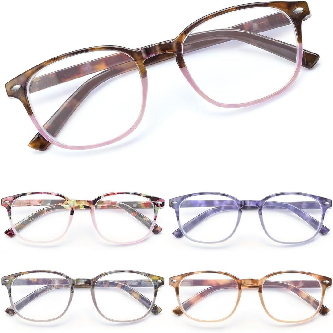 JM Blue Light Reading Glasses for Women with Spring Hinge, Classic Square Reader Glasses Ladies Mix Color 5 Packs +1.75