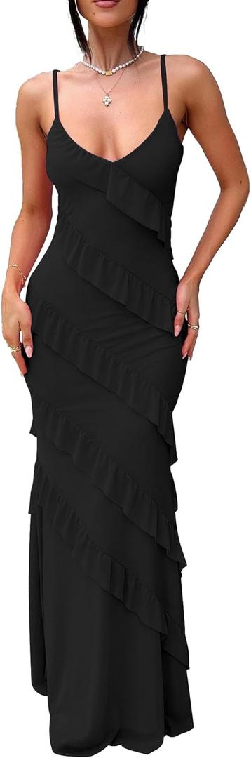 HOCILLE Women's Sexy V Neck Backless Bodycon Spaghetti Strap Elegant Ruffle Maxi Cocktail Party Dresses (Black, L)