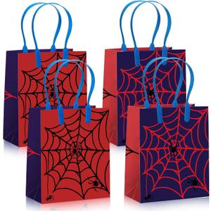 Sadnyy 24 Pcs Gift Bags with Handles Red and Blue Spider Web Cartoon Birthday Party Favor Double Sided Goodie Candy Bags for Birthday Spider Theme Party Supplies