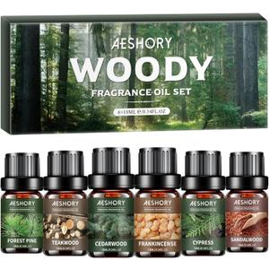 Woody Essential Oils Set - 6x10ML Woody Scents Fragrance Oil for Candle Making, Diffuser - Teakwood, Sandalwood, Cedarwood, Cyperss, Forest Pine, Frankincense Aromatherapy Oils (0.34 Fl Oz (Pack of 6))