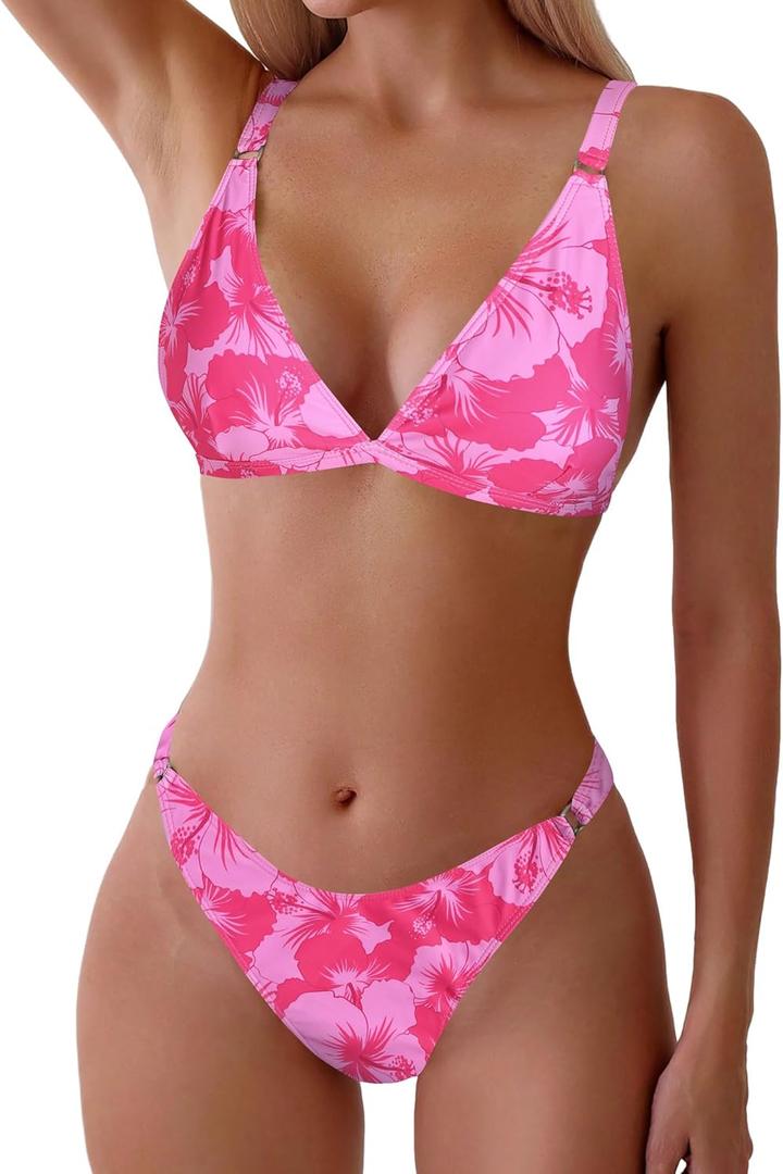 ZAFUL Women's 2 Piece Floral Print Swimsuit Triangle String High Cut Bikini Sets Bathing Suit(1-Rose red, S)