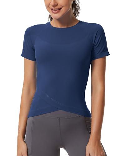 Pack of 2, MathCat Workout Shirts for Women, Workout Tops for Women Short Sleeve, Cross Hem Compression Shirts, Athletic Running Yoga Gym Tops Navy, S