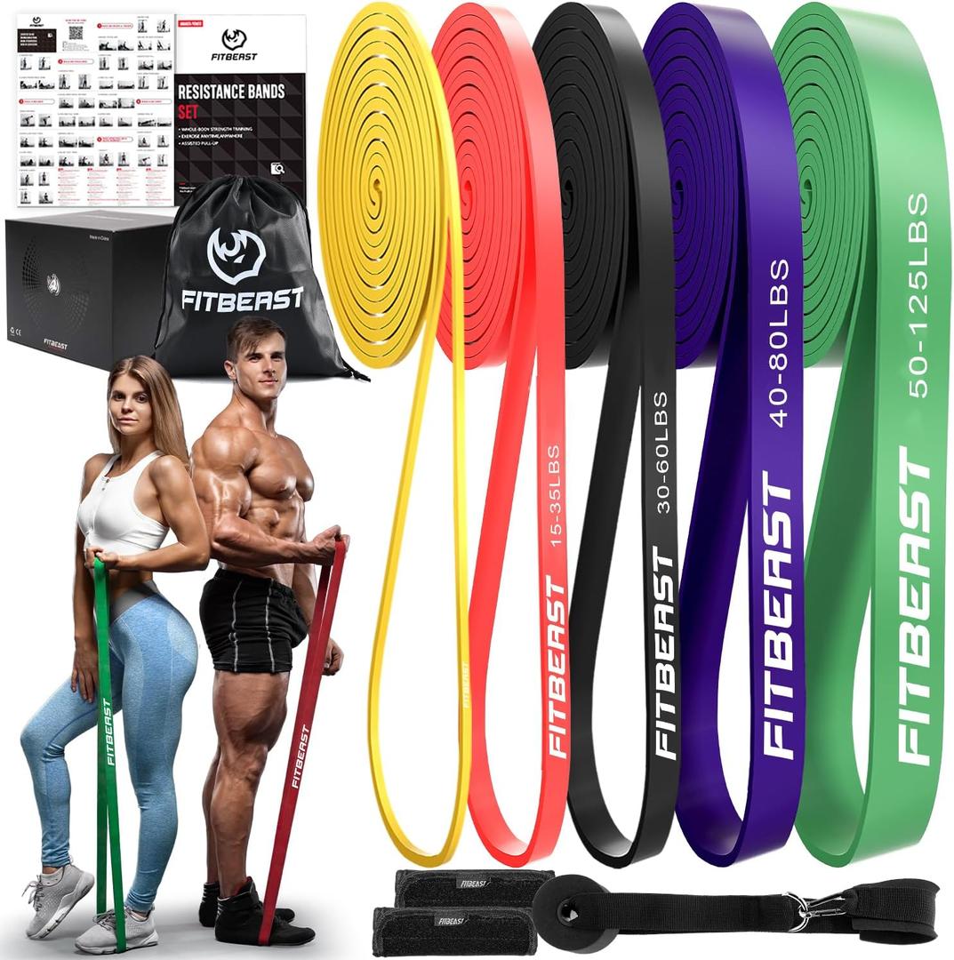 FitBeast Resistance Bands Set, 6 Different Levels, Pull Up Assist Bands for Strength Training, Crossfit, Powerlifting, Muscle Toning, Yoga, Mobility Exercises, Rehabilitation, Full-Body Workout (Vibrant5-125 lbs))