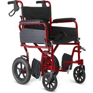 Medline Basic Aluminum Transport Chair, Lightweight Folding Transport Wheelchair with Swing-Back Arms, 12" Wheels, Red, 19 inches