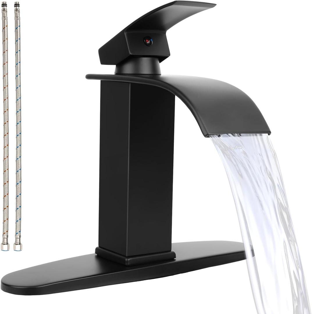 Klabb Black Waterfall Spout Bathroom Faucet,Single Handle Bathroom Vanity Sink Faucet, Rv Lavatory Vessel Faucets Basin Mixer Tap with Deck Plate, Solid Brass/Matte Black