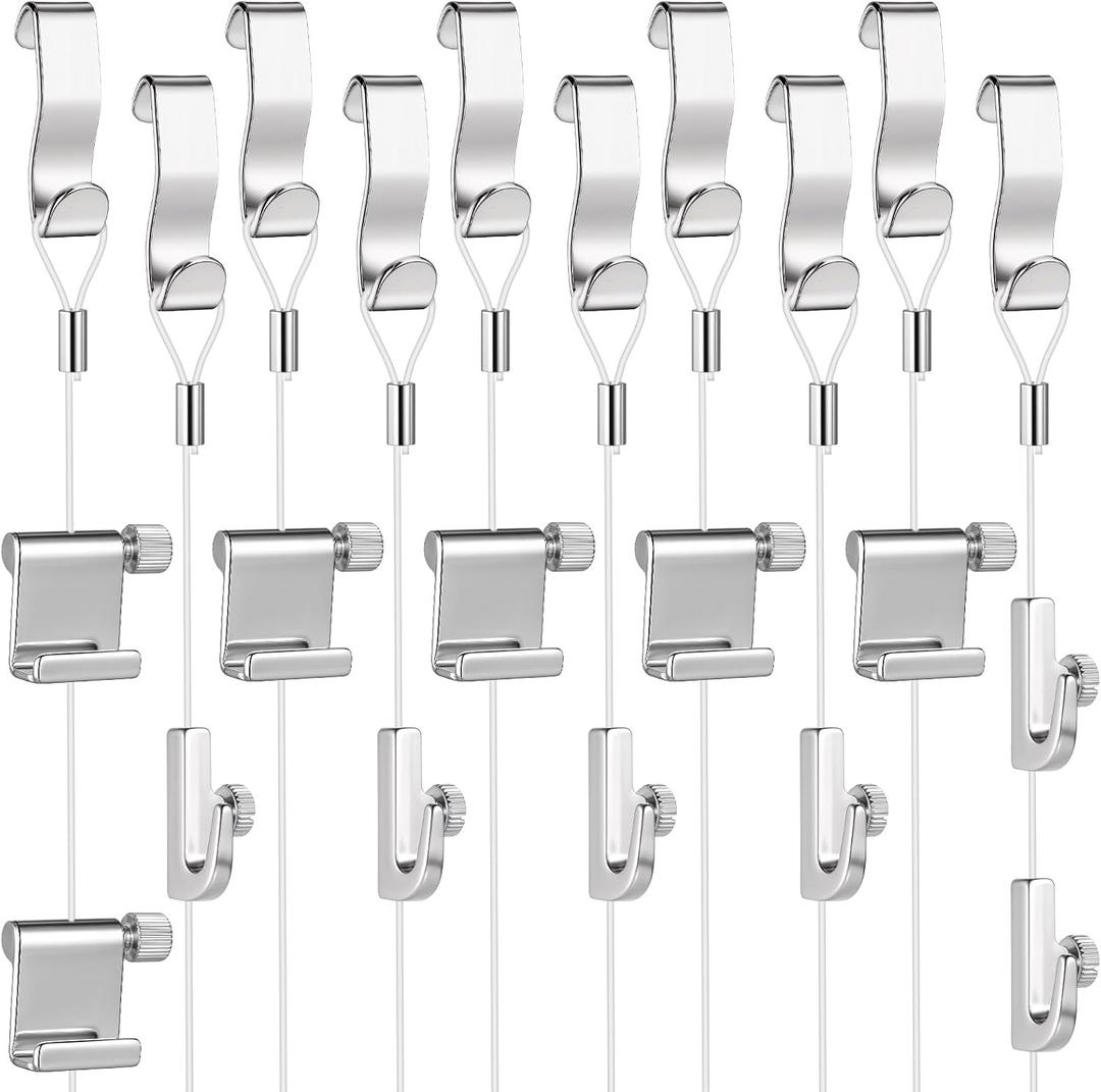 10 Pcs Picture Rail Hanging System Kit Picture Rail Hooks and Wire Adjustable Pictures Hangers with Invisible Nylon Cord, Molding Hangers for Exhibition, Art Gallery, Home