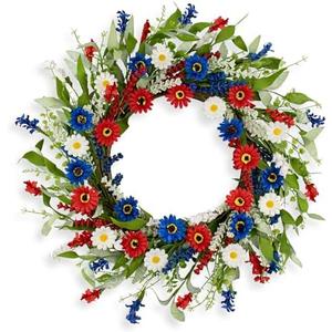 22 Inches Patriotic Wreath 4th of July Wreaths for Front Door Independence Day Wreath with Red White and Blue Wildflowers Wheat for Wall Window Porch Flag Memorial Independence Day Decoration