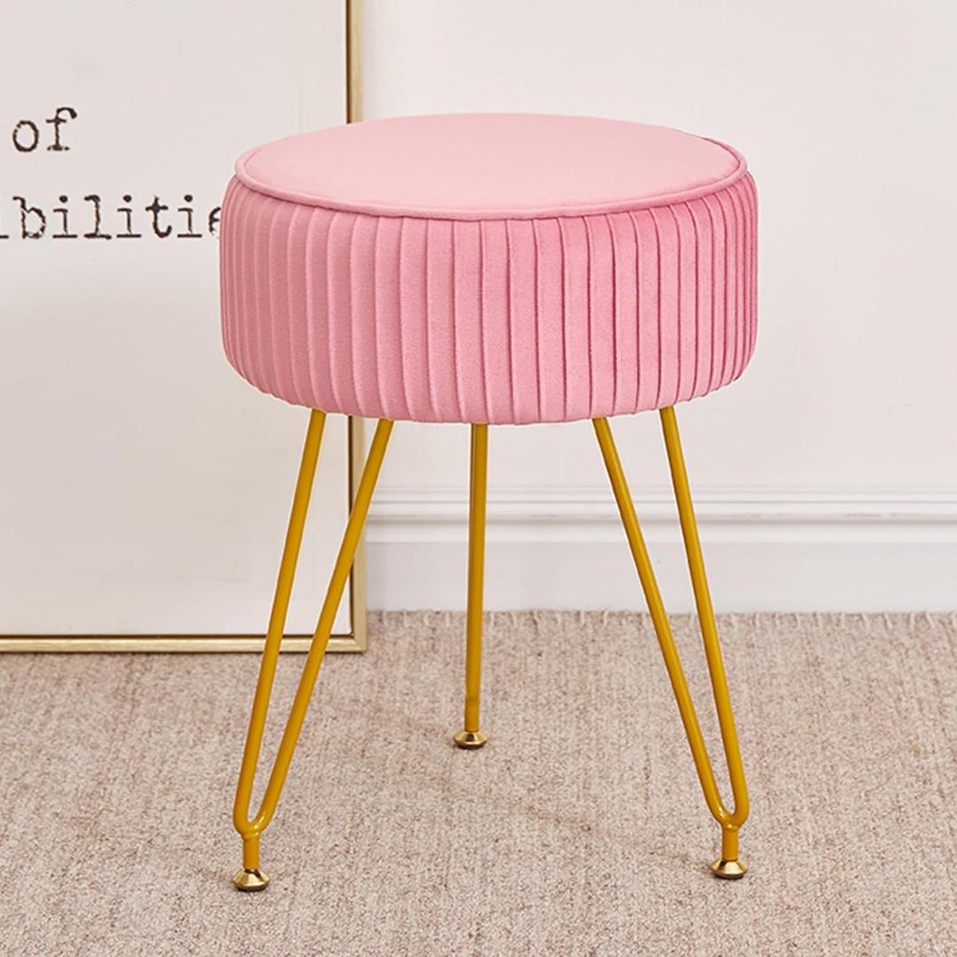 Velvet Vanity Stool, Modern Ottoman Foot Rest Stool with Adjustable Golden Legs, Makeup Chair for Vanity, Multifunctional Small Vanity Chair for Bedroom, Pink
