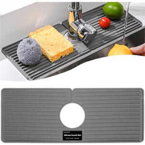Faucet Mat for Kitchen Sink, Silicone Faucet Handle Drip Catcher Tray, Drying Mat as Sponge and Soap Holder with Lateral Inflow for Kitchen Bathroom Farmhouse & RV Sink Accessories (Grey) (5.5" x 14.5")