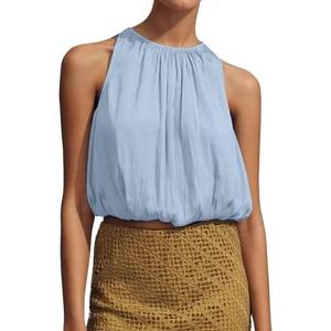 Ythomm Women’s Halter Crop Bubble Tops Summer Sleeveless Crewneck Puffy Hem Cropped Tank Tops Fitted Cute Going Out Shirt Top, Small
