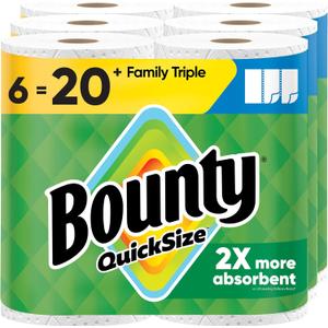 Bounty Paper Towels Quick Size, White, 6 Family Triple Rolls = 20+ Regular Rolls