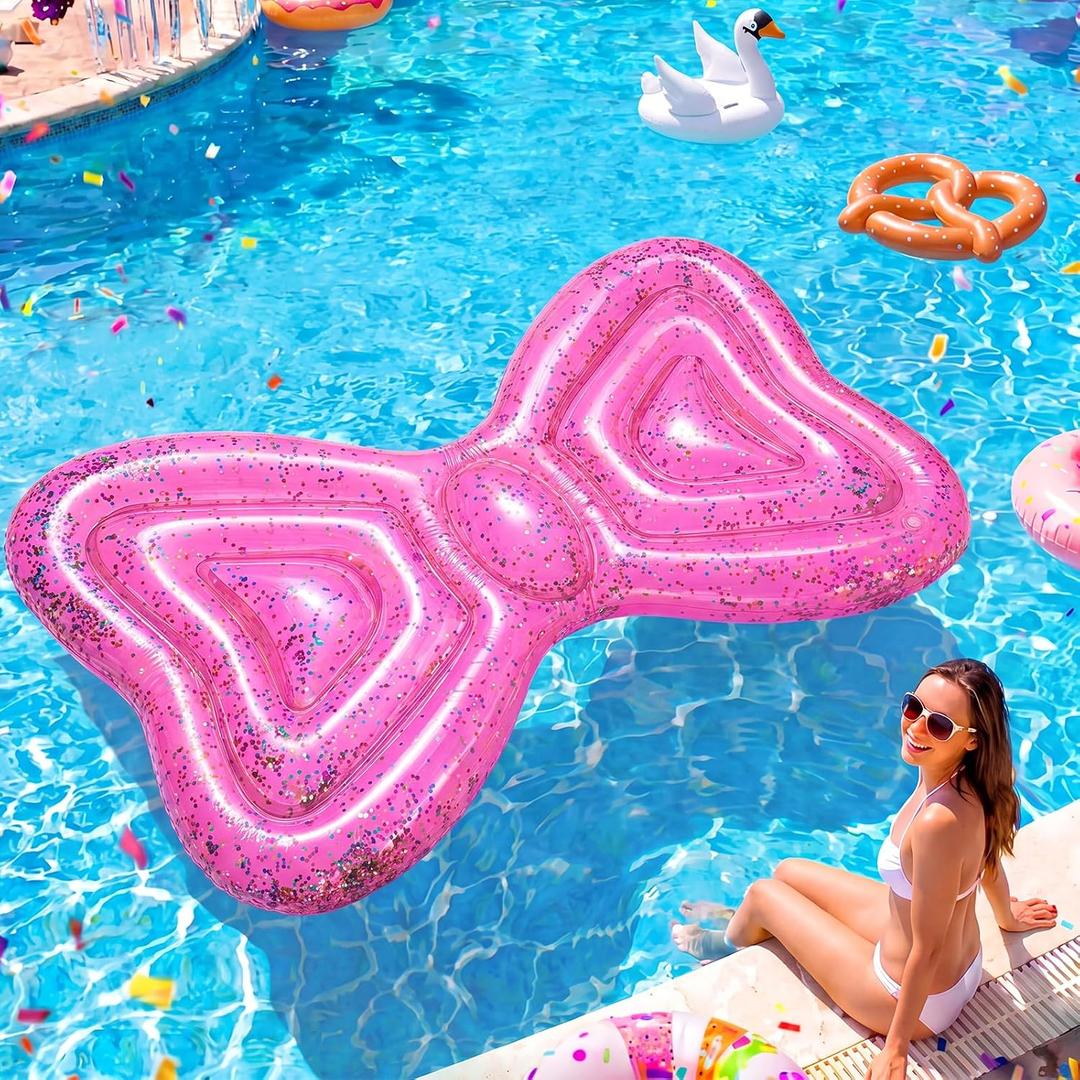 Thenshop Cartoon Cat Pool Float Inflatable Pink Pool Floats with Glitter Lounger Floats Raft Floating Chair Water Floaty for Swimming Birthday Party Accessories Lake Lounge Float Summer Outdoor Beach