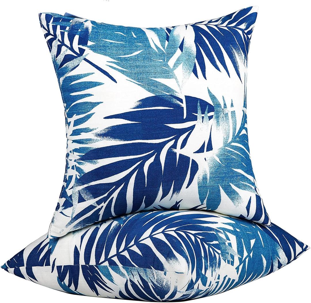 JMGBird Outdoor Pillows Waterproof Set of 2 Outdoor Throw Pillows with Insert Included Pillow 1818 Inch Outdoor Pillow for Patio Furniture (Blue Palm Leaves)