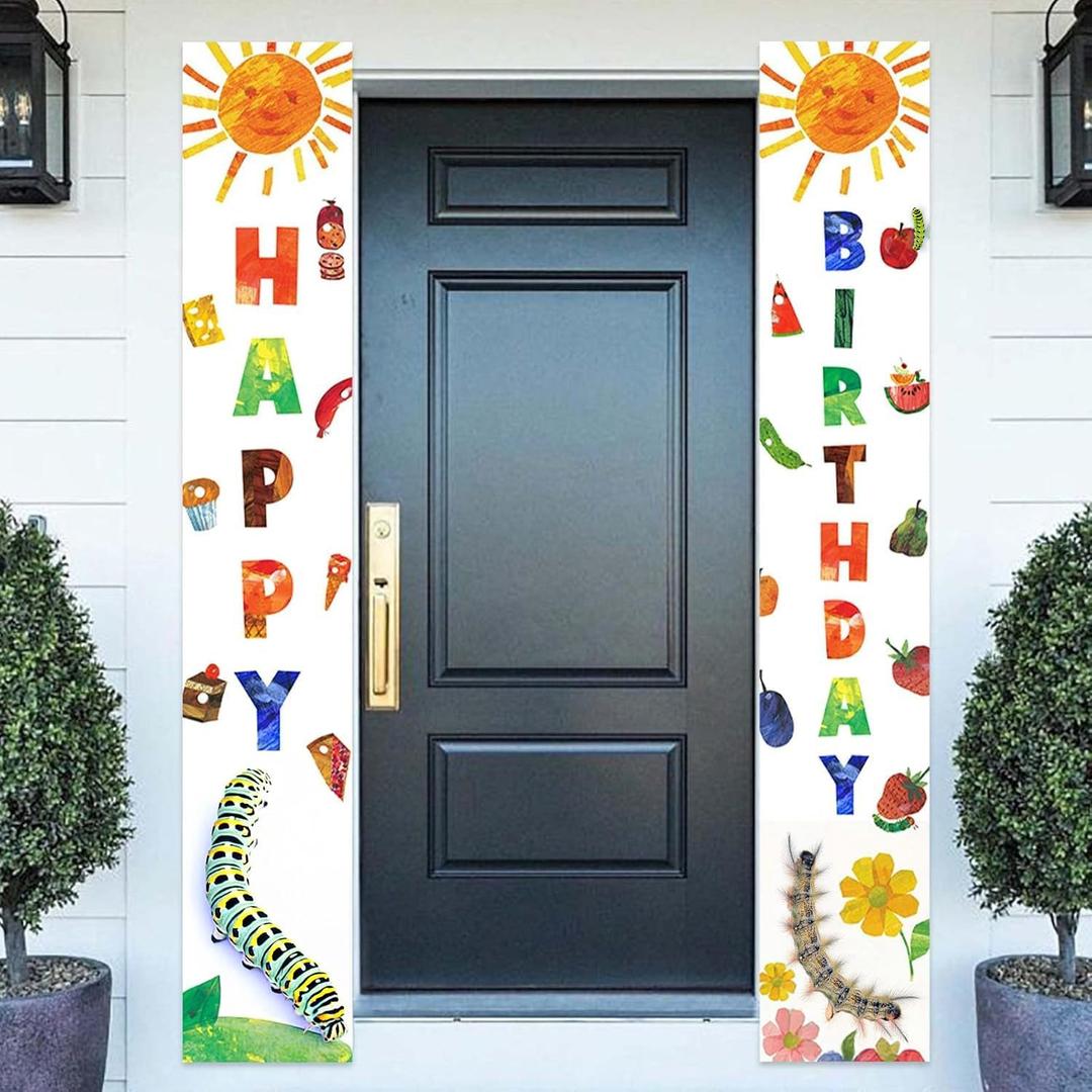 Cartoon Little Green Caterpillar Happy Birthday Banner Backdrop Insects Theme Decor Door Porch Decorations for Boys Girls 1st Birthday Party Baby Shower Supplies Favors Background Gift