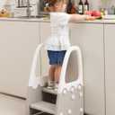 Two Step Stool with Handrails for Toddler and Kids, Standing Learning Stool Tower for Bathroom Sink, Potty Training, Children Step Up Learning Helper with Handles and Safety Non-Slip Pads(Gray)